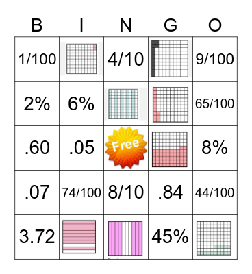 Fraction/Decimal/Percent Bingo Card