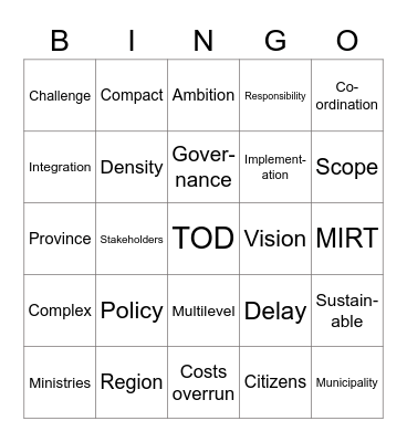 Transit-Oriented Development Bingo Card