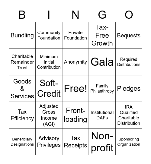 Donor Advised Fund Bingo Card