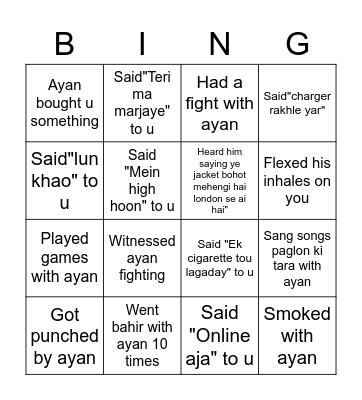Ayan's bingo Card