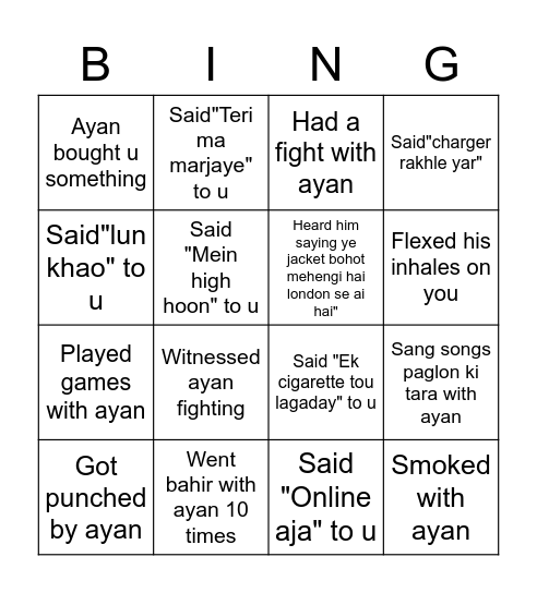 Ayan's bingo Card