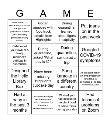 Quarantine / Highlights GAME Bingo Card