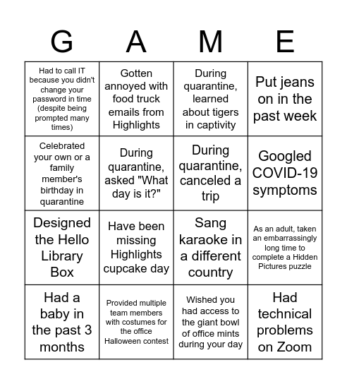 Quarantine / Highlights GAME Bingo Card