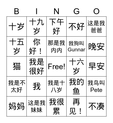 Chinese Conversation Bingo Card