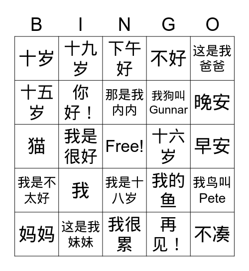 Chinese Conversation Bingo Card