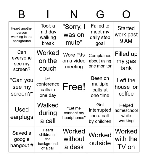 Work from Home Bingo! Bingo Card