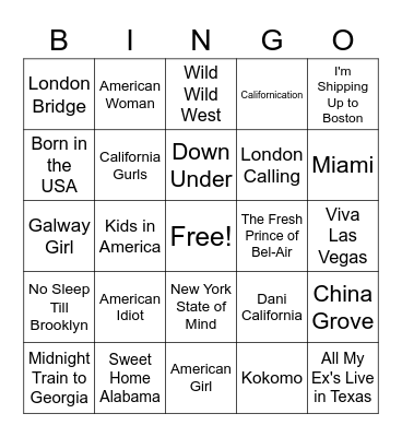 Music Bingo - Places Bingo Card