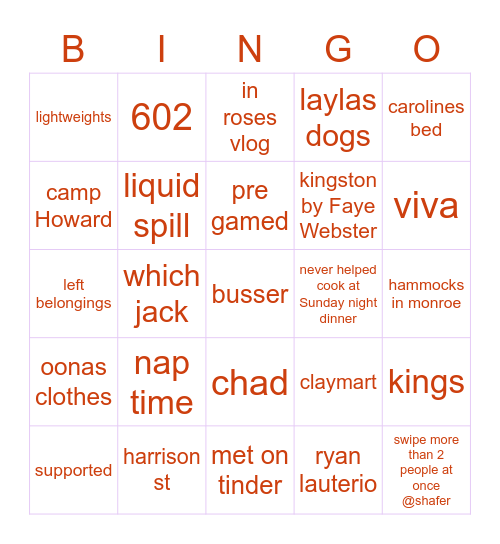 freshman friends bingo Card