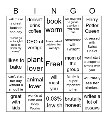 Taylor's Bingo Card