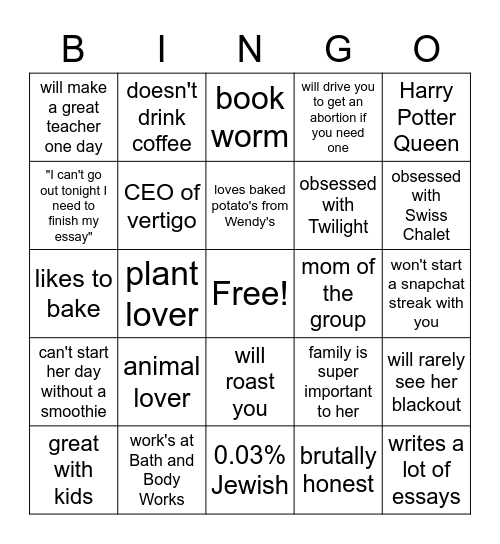 Taylor's Bingo Card