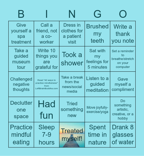 Self Care During Stay At Home Order Bingo Card