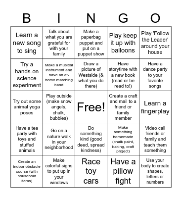 Westside BINGO Age 2-7Y Bingo Card
