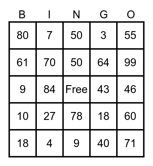 NUMBER Bingo Card