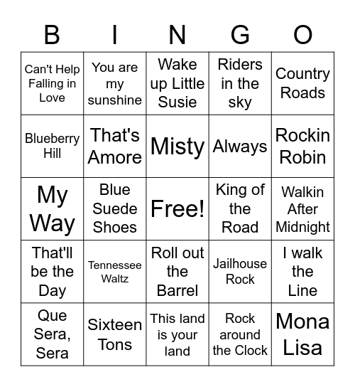 Popular Songs at MVH Bingo Card