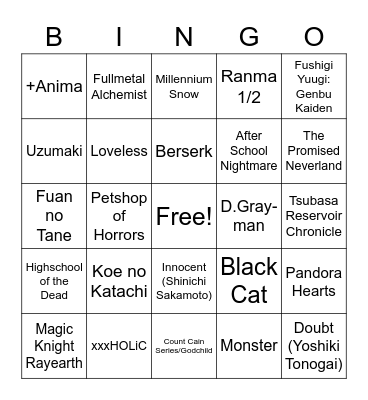 Manga Bingo Card