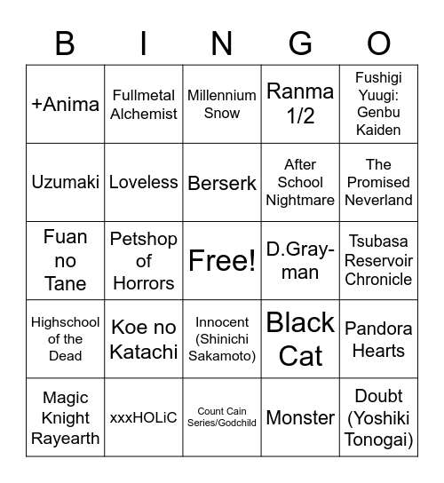 Manga Bingo Card