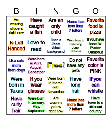 Elementary Zoom Classbuilding Bingo Card