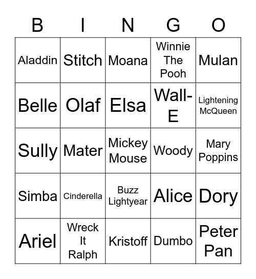 Disney & Pixar Bingo Card