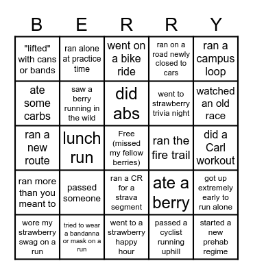 Strawberry Canyon Track Club Bingo Card