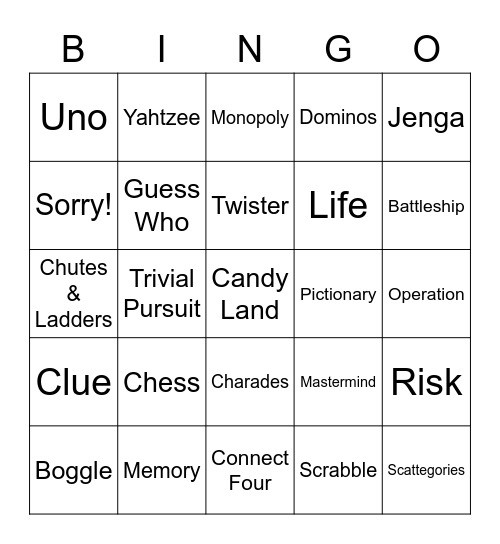 Board Game Bingo Card