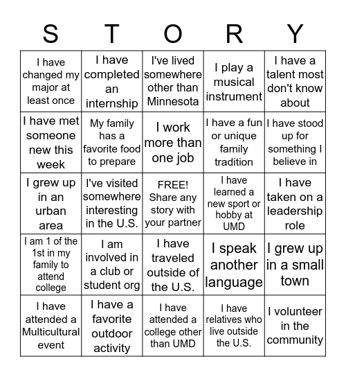 Share Your Story Bingo Card