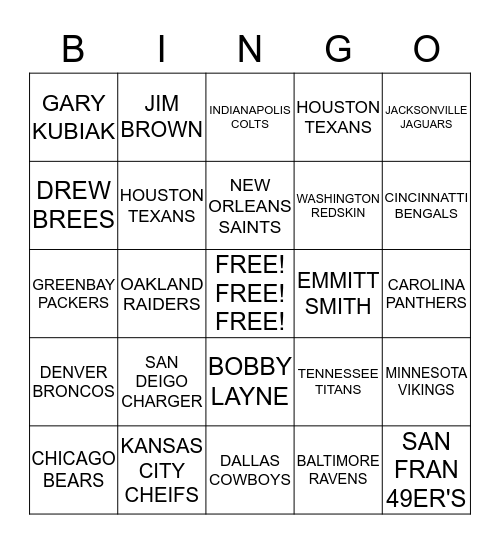 NFL BINGO TRIVIA Bingo Card