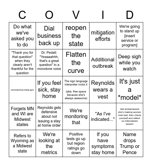 Iowa COVID-19 Presser Bingo Card