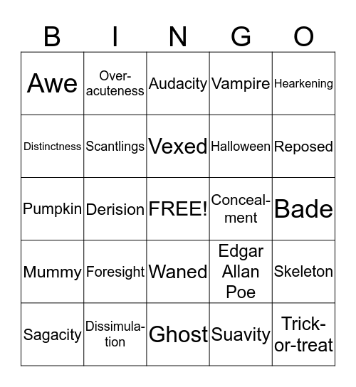 "Tell-Tale Heart" Vocabulary Bingo Card