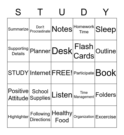 Study Skills Bingo Card