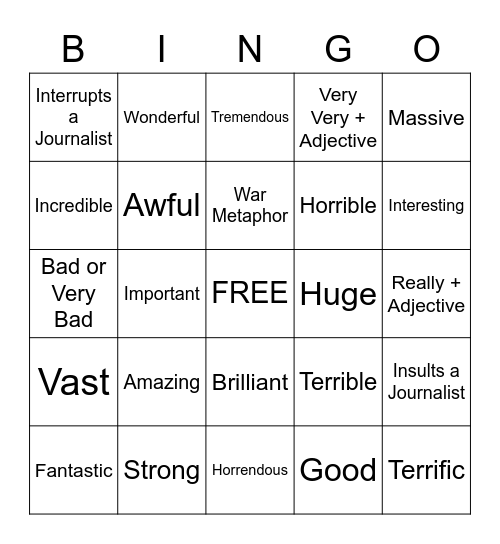 Trump's Adjectives Bingo Card