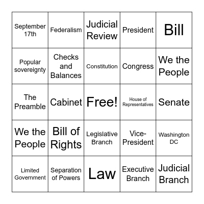 Constitution Day Bingo Card