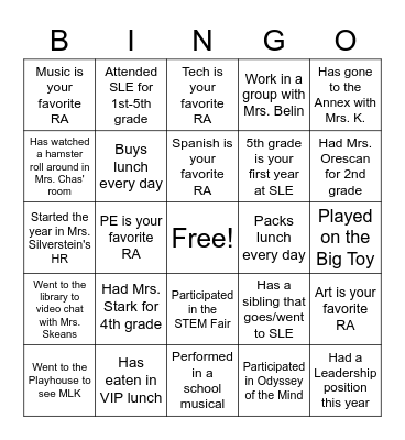 SLE Bingo Card