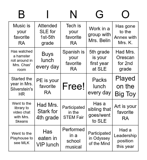 SLE Bingo Card