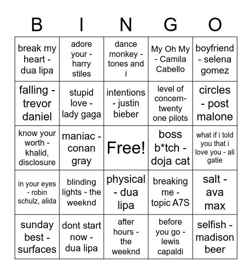 Todays Top Hits Bingo Card