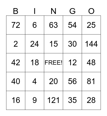 Multiplication Bingo Card