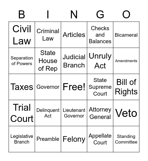 State and Local Government Bingo Card