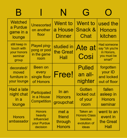 Purdue Honors College Bingo Card