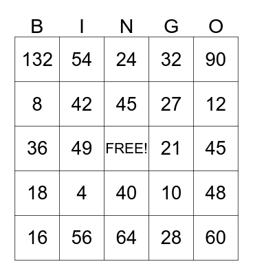 Multiplication Bingo Card