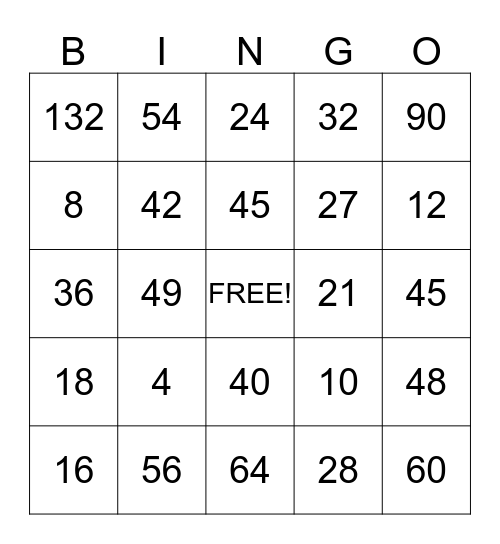 Multiplication Bingo Card