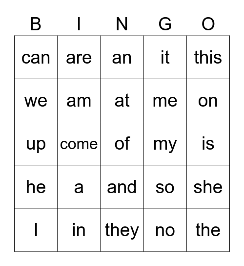 Sight Words Bingo Card