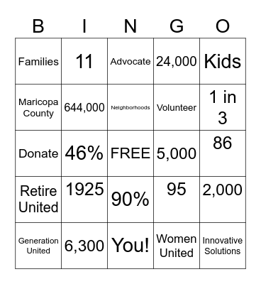 Valley of the Sun United Way Bingo Card