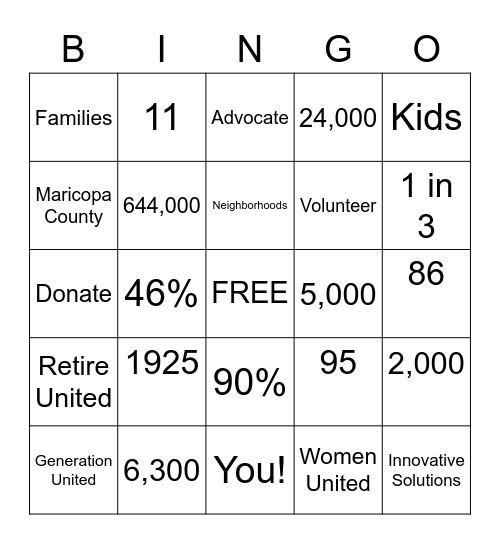 Valley of the Sun United Way Bingo Card