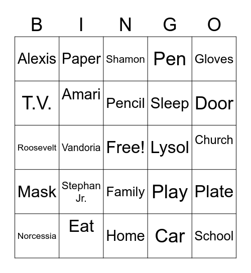 Family Time Bingo Card