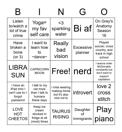 Caro Bingo Card