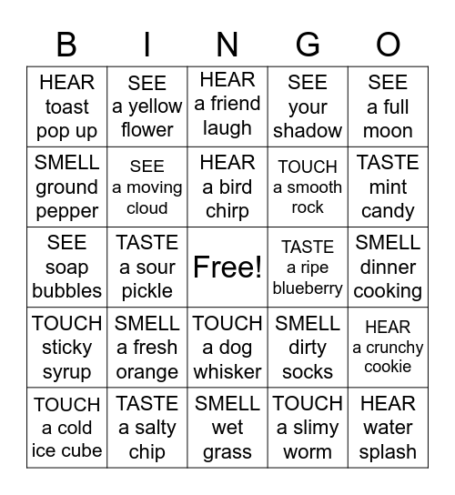 FIVE SENSES CHALLENGE Bingo Card