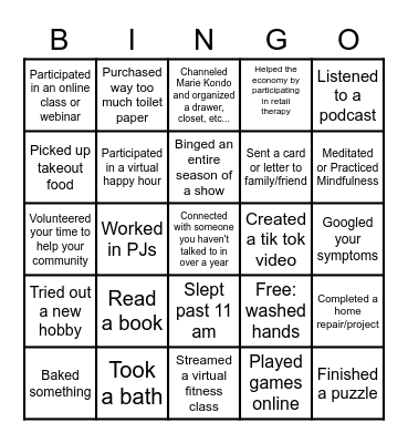 Social Distancing Bingo Card
