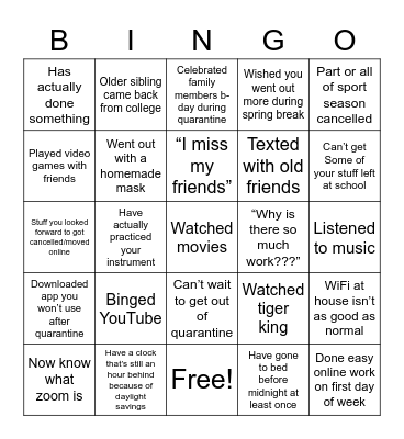 Quarantine Bingo Card