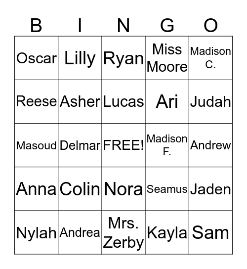 1M Names Bingo Card