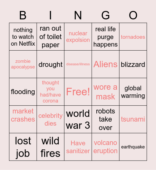 End of the world Bingo Card