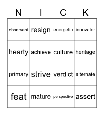 Vocabulary Review! Bingo Card